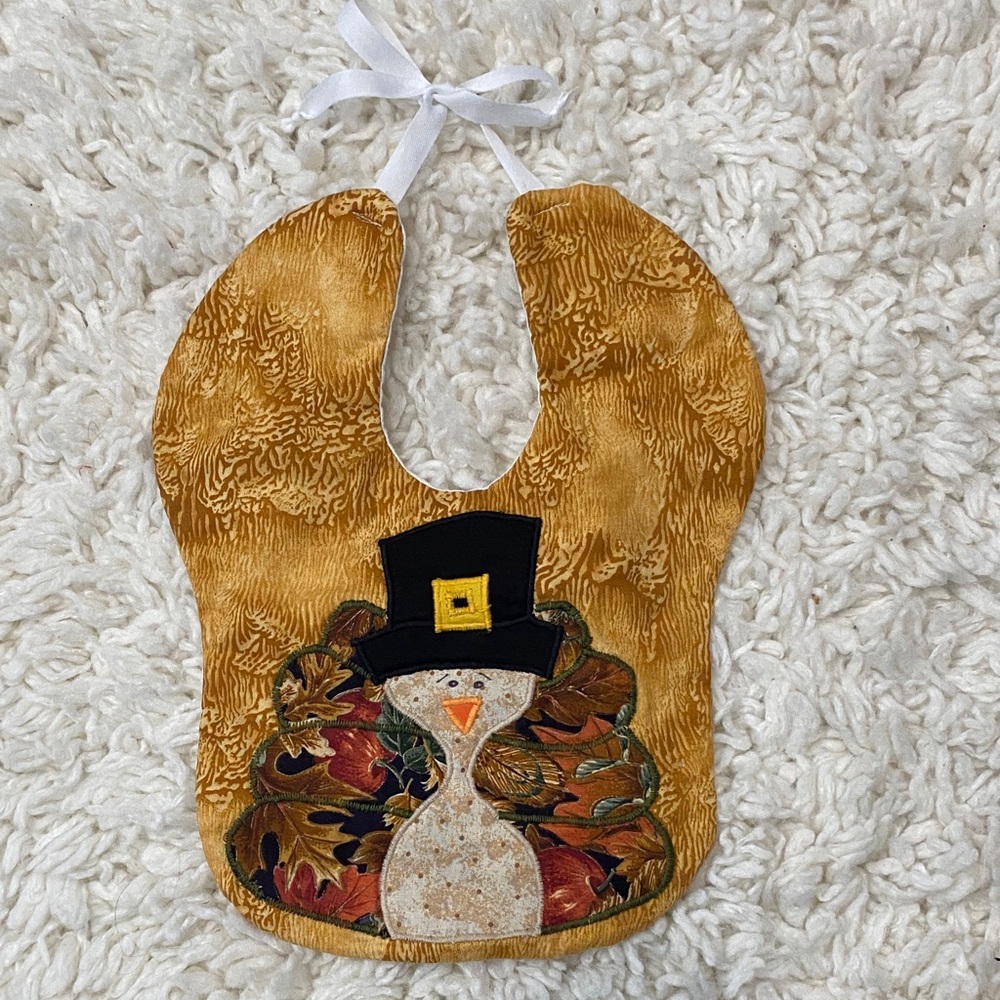 New hand made Festive Turkey Baby Bib with Ribbon Tie thanksgiving holiday